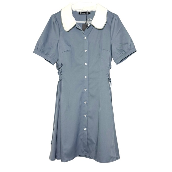 Allegra K Blue and White A-Line Dress with Peter Pan Collar - Picture 2 of 7